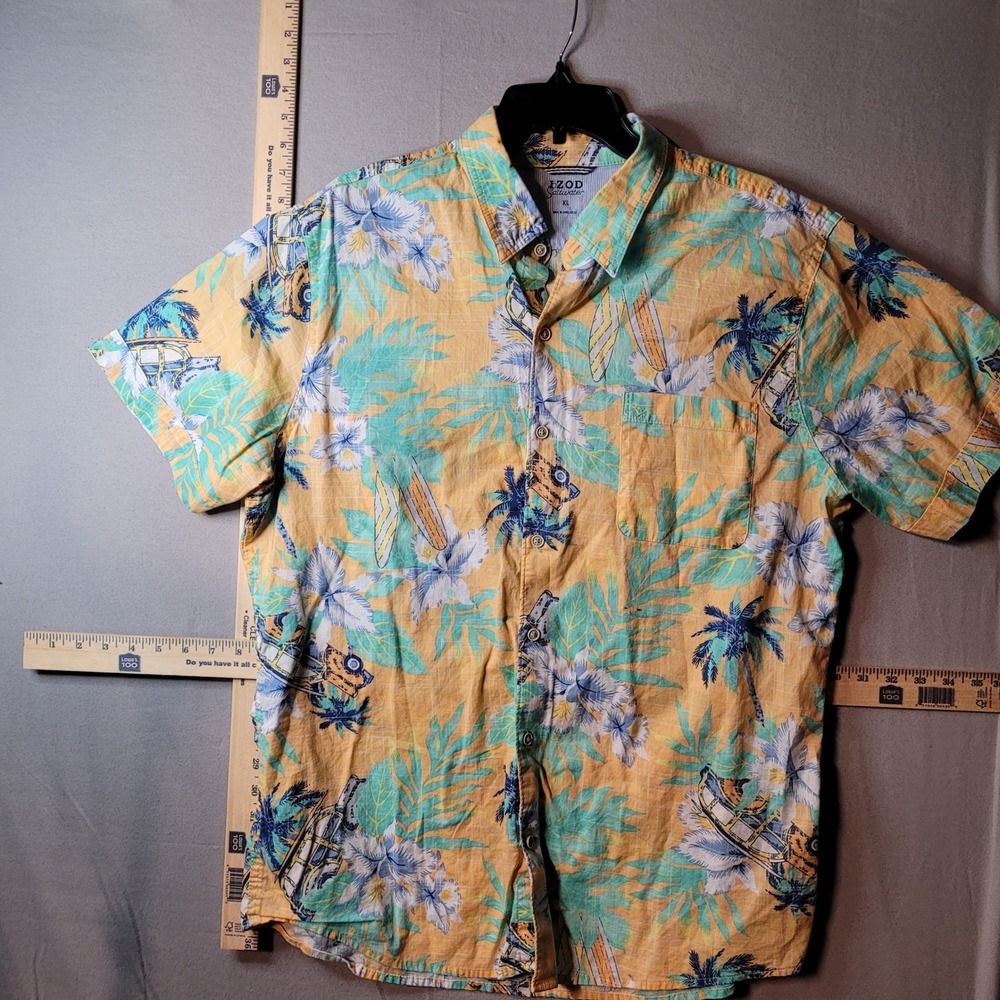 Izod Saltwater Mens XL Tropical Palm Tree Surfboard Button Down Shirt Yellow XL‎
